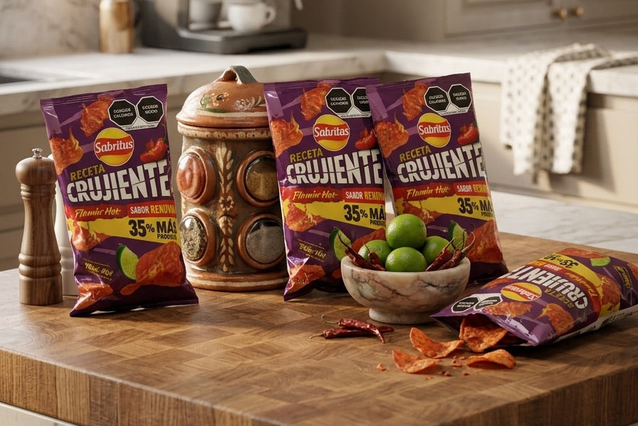 Three bags of Sabritas Receta Crujiente on a kitchen counter with a bowl of green limes and a pepper grinder.